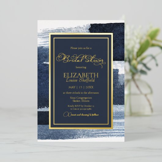 抽象芸術のブライダルシャワー招待 |金ゴールドネイビーブルー 箔招待状 (立ち正面)