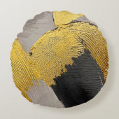 抽象芸術のモノクロカラー(金ゴールドのブラシストローク付き) ラウンドクッション (正面)