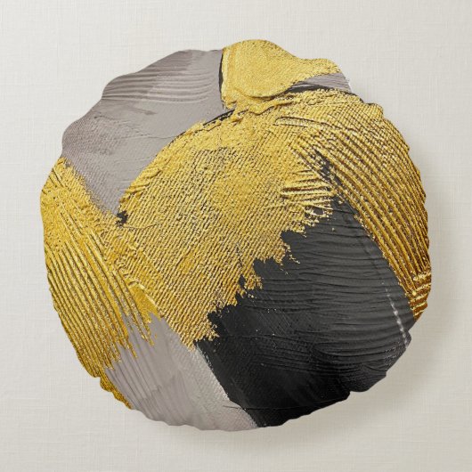 抽象芸術のモノクロカラー(金ゴールドのブラシストローク付き) ラウンドクッション (裏面)