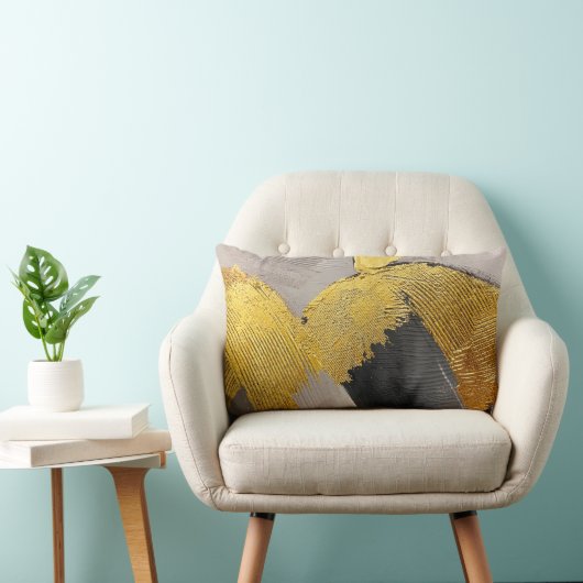 抽象芸術のモノクロカラー(金ゴールドのブラシストローク付き) ランバークッション (椅子)