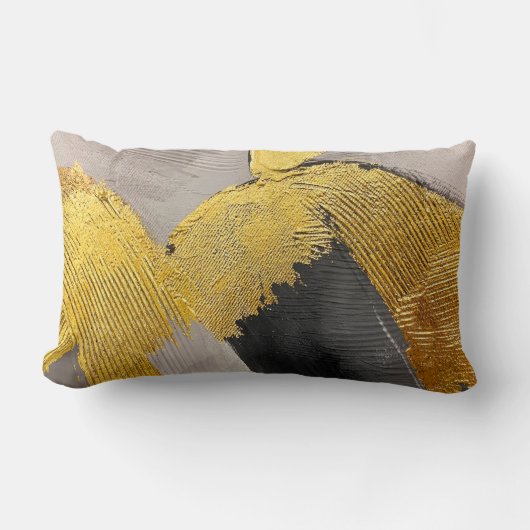 抽象芸術のモノクロカラー(金ゴールドのブラシストローク付き) ランバークッション (正面)
