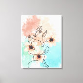 抽象芸術の一線顔アートとピンクの花の唇 キャンバスプリント (正面)