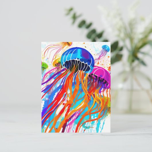 抽象芸術の中のクラゲ絵を描(ばちゃばちゃ)跳ねる ポストカード (スタンド正面)