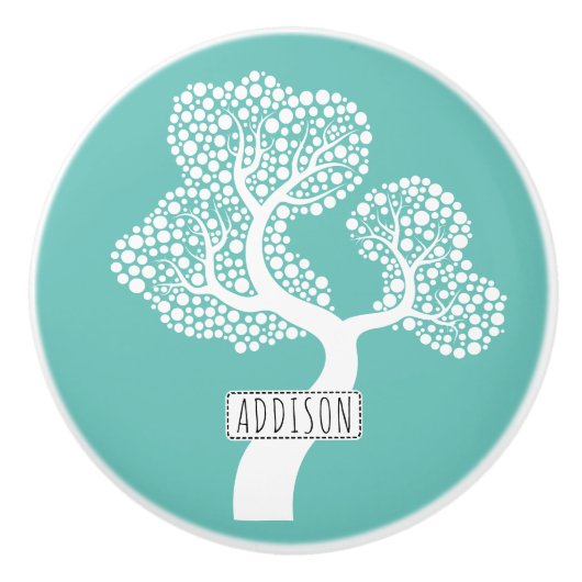 抽象芸術の円の木と名前on lightティール(緑がかった色) セラミックノブ (正面)