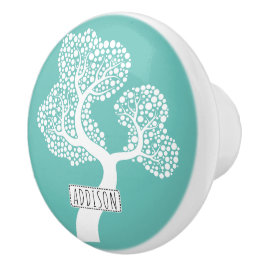 抽象芸術の円の木と名前on lightティール（緑がかった色） セラミックノブ