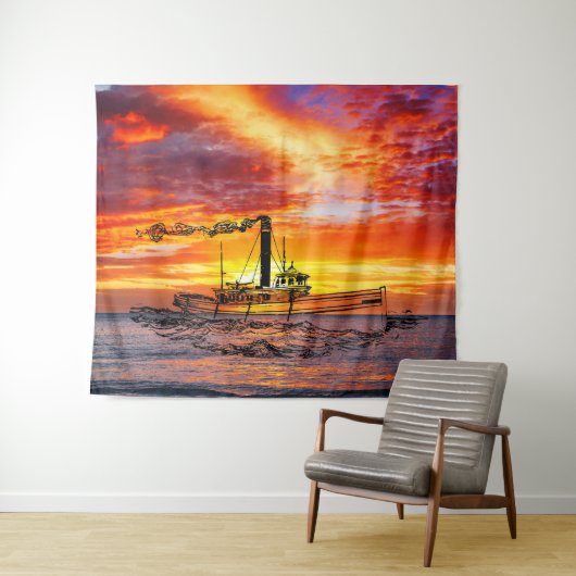 抽象芸術の夕日の海 – 船のセーリング タペストリー (インサイチュ(横))
