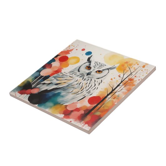 抽象芸術の夢の森の中カラフルの白フクロウ タイル (側面)