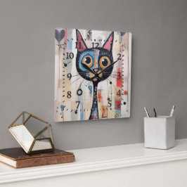 抽象芸術の大きな目をしたハッピーキャット スクエア壁時計