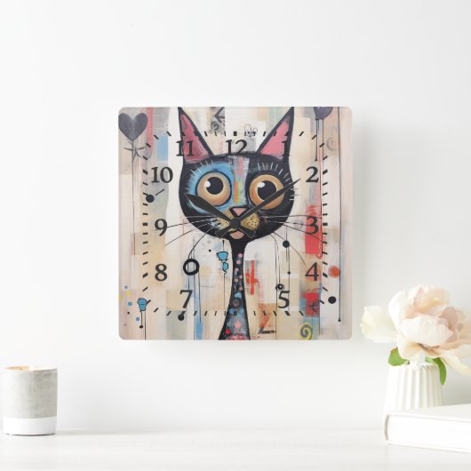 抽象芸術の大きな目をしたハッピーキャット スクエア壁時計 (ホーム)