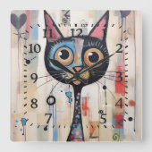 抽象芸術の大きな目をしたハッピーキャット スクエア壁時計 (正面)