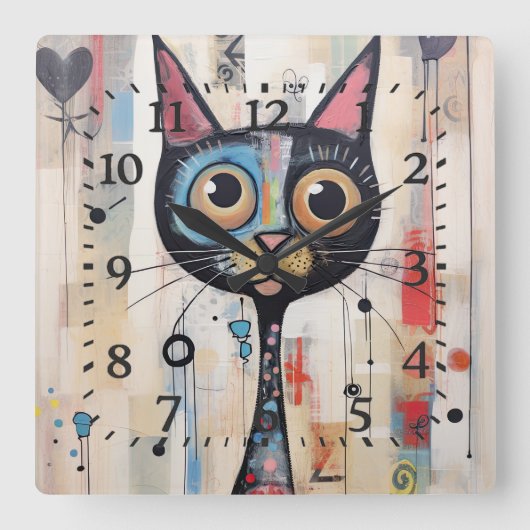 抽象芸術の大きな目をしたハッピーキャット スクエア壁時計 (正面)