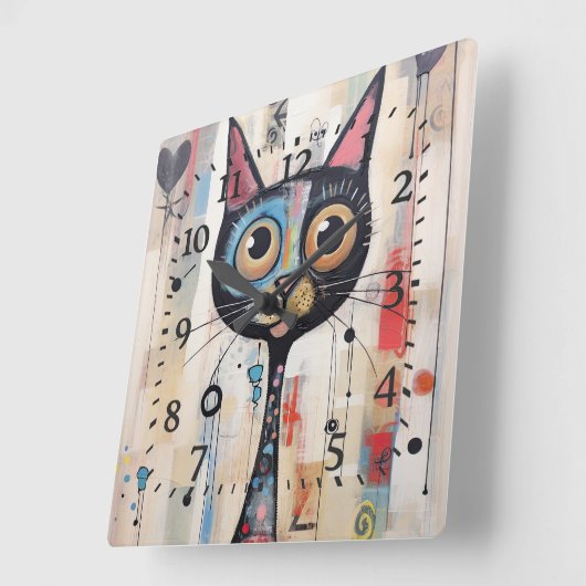 抽象芸術の大きな目をしたハッピーキャット スクエア壁時計 (傾斜)
