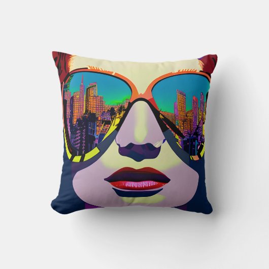 抽象芸術の女性がサングラスで街を振り返る クッション (正面)