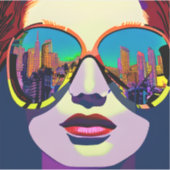 抽象芸術の女性がサングラスで街を振り返る シール (正面)