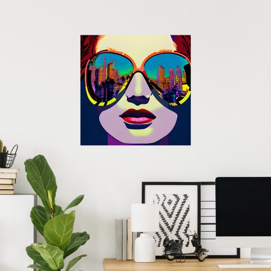 抽象芸術の女性がサングラスで街を振り返る ポスター (ホームオフィス)