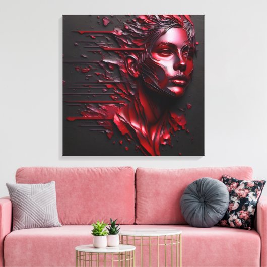 抽象芸術の女性の顔アルマイト赤 キャンバスプリント (インサイチュ (リビング))