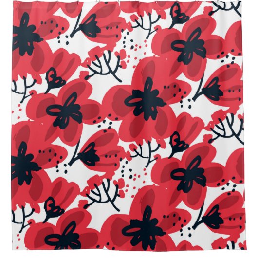 抽象芸術の手描きの赤い花の継ぎ目のない模様 シャワーカーテン (正面)