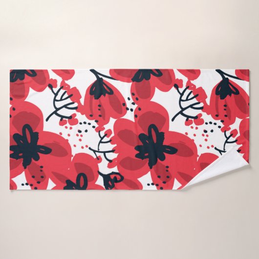抽象芸術の手描きの赤い花の継ぎ目のない模様 バスタオル (バスタオル)