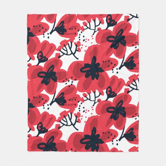 抽象芸術の手描きの赤い花の継ぎ目のない模様 フリースブランケット (正面)