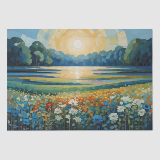 抽象芸術の日の出のワイルドフラワー青、白、赤 薄葉紙 (正面)