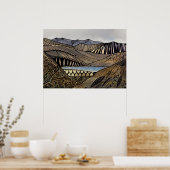 抽象芸術の日の出の山々と川 ポスター (キッチン)