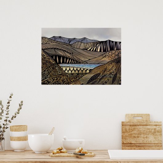 抽象芸術の日の出の山々と川 ポスター (キッチン)