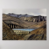 抽象芸術の日の出の山々と川 ポスター (正面)