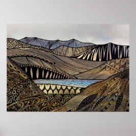 抽象芸術の日の出の山々と川 ポスター