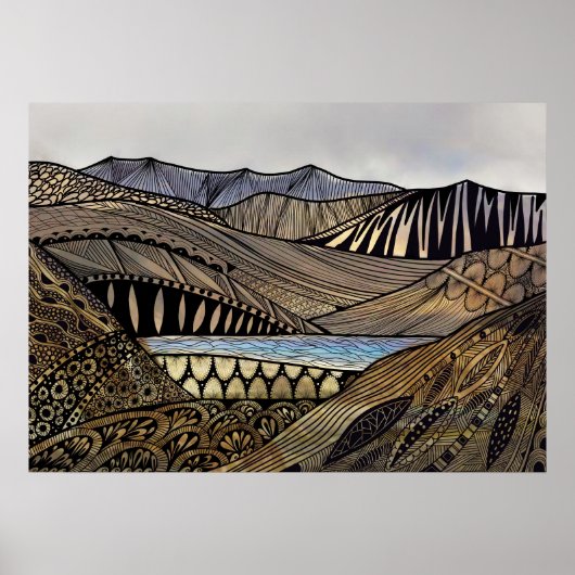 抽象芸術の日の出の山々と川 ポスター (正面)