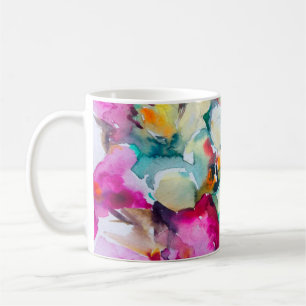 抽象芸術の明るい色の装飾的な背景。フロ コーヒーマグカップ