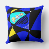 抽象芸術の星とストライプ：シアンの青い黄色の黒 クッション (裏面)