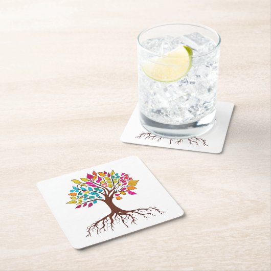 抽象芸術の根とカラフル葉木。 スクエアペーパーコースター (インサイチュ)
