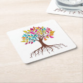 抽象芸術の根とカラフル葉木。 スクエアペーパーコースター (アングル)