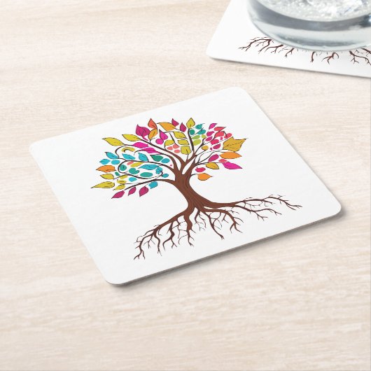 抽象芸術の根とカラフル葉木。 スクエアペーパーコースター (アングル)