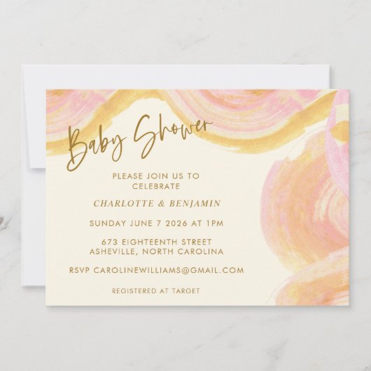 抽象芸術の水の色絵を描渦巻きピンクの赤ん坊シャワー 招待状 (正面)