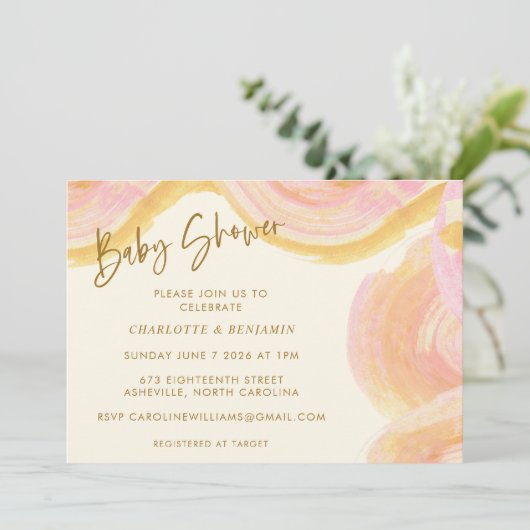 抽象芸術の水の色絵を描渦巻きピンクの赤ん坊シャワー 招待状 (スタンド正面)