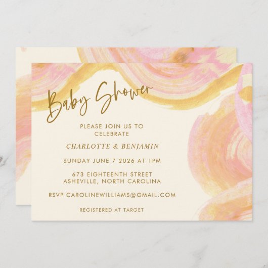 抽象芸術の水の色絵を描渦巻きピンクの赤ん坊シャワー 招待状 (正面/裏面)