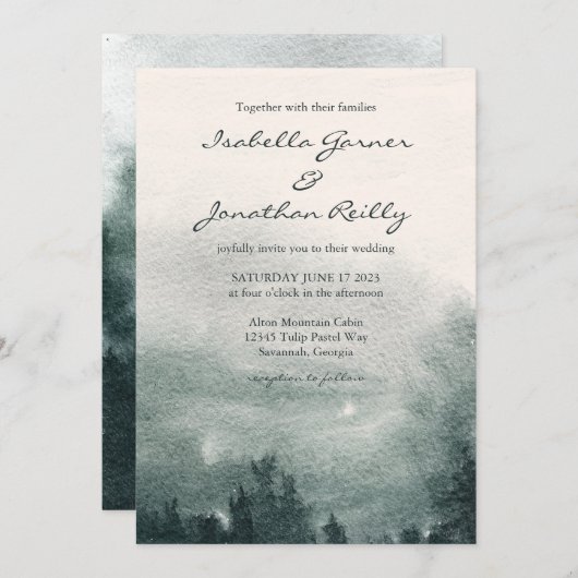 抽象芸術の水彩の森の風景結婚の 招待状 (正面/裏面)