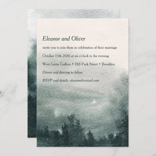 抽象芸術の水彩林の緑の風景結婚の 招待状 (正面/裏面)
