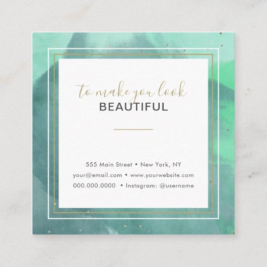 抽象芸術の水彩水彩画アクア&金ゴールドメイクアップアーティスト スクエア名刺 (裏面)