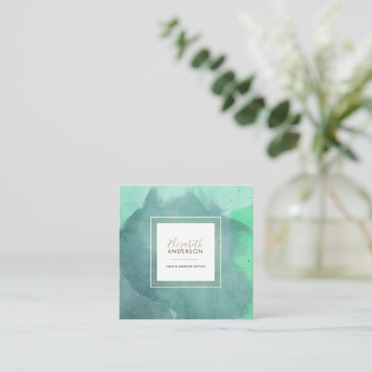 抽象芸術の水彩水彩画アクア&金ゴールドメイクアップアーティスト スクエア名刺 (スタンド正面)