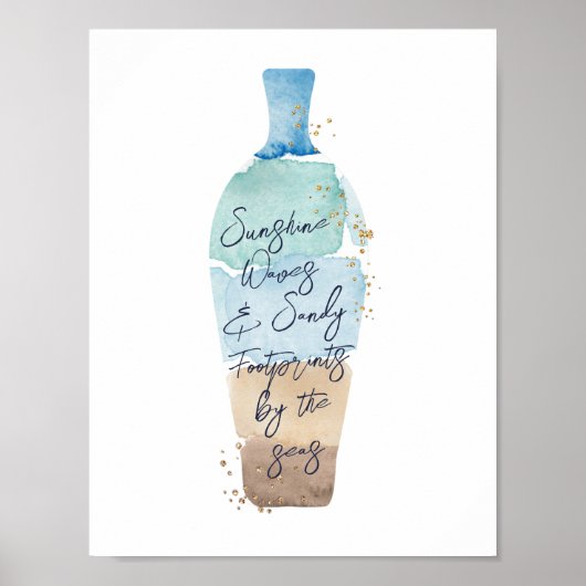 抽象芸術の水彩砂と海のメッセージのボトル ポスター (正面)