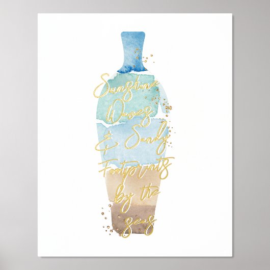 抽象芸術の水彩砂と海のメッセージのボトル 箔ポスター (正面)
