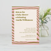 抽象芸術の波ストライプ状のピンクとオリーブの赤ちゃんシャワー 招待状 (スタンド正面)