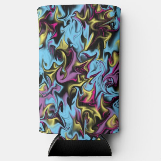 抽象芸術の渦巻き黒い黄色のピンクの青い紫 スリム缶クーラー (正面)