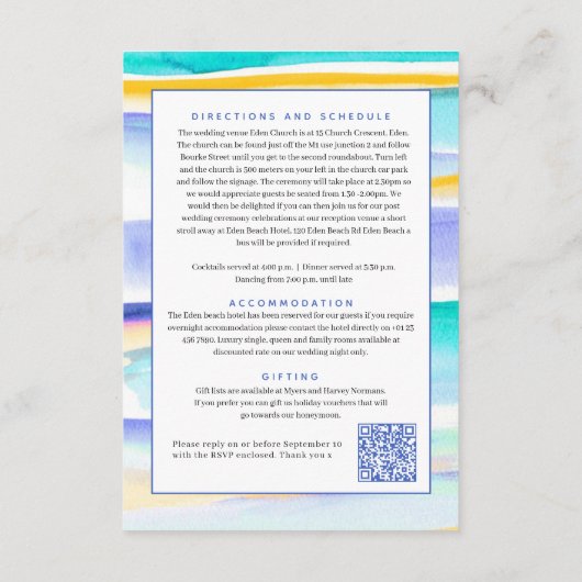 抽象芸術の潮線は青い結婚黄色のQRコード エンクロージャーカード (裏面)