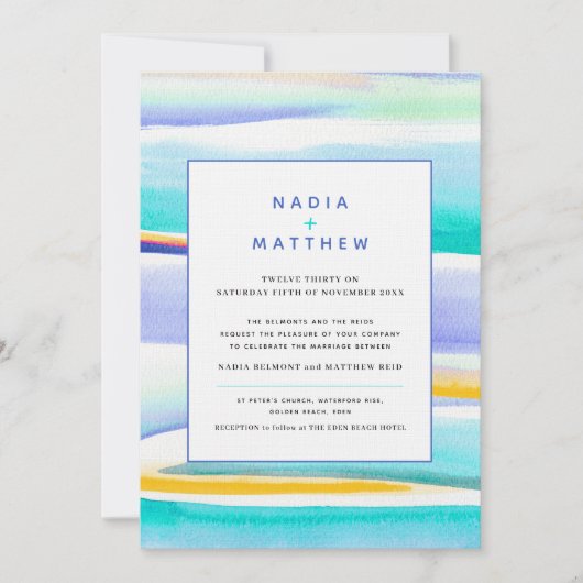 抽象芸術の熱帯潮線が青い黄色結婚線 招待状 (正面)