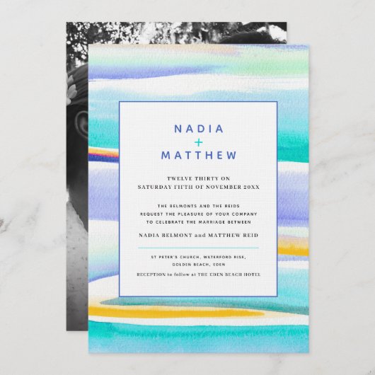 抽象芸術の熱帯潮線アクア結婚イエロ 招待状 (正面/裏面)