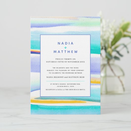 抽象芸術の熱帯潮線アクア結婚イエロ 招待状 (スタンド正面)