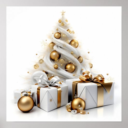 抽象芸術の白いクリスマスツリーと金ゴールドアクセント ポスター (正面)